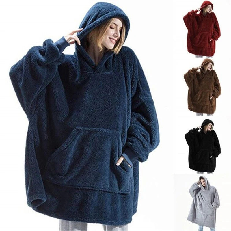 Cozy Oversized Double-Faced Fleece Hoodie Blanket with Large Pocket for Couples - Perfect Warmth for Men and Women!
