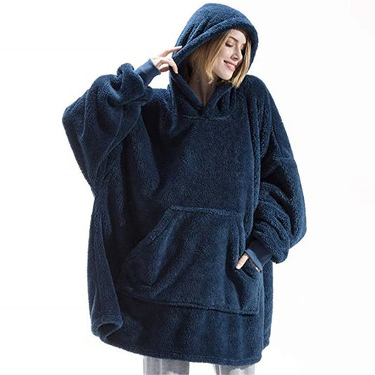 Cozy Oversized Double-Faced Fleece Hoodie Blanket with Large Pocket for Couples - Perfect Warmth for Men and Women!