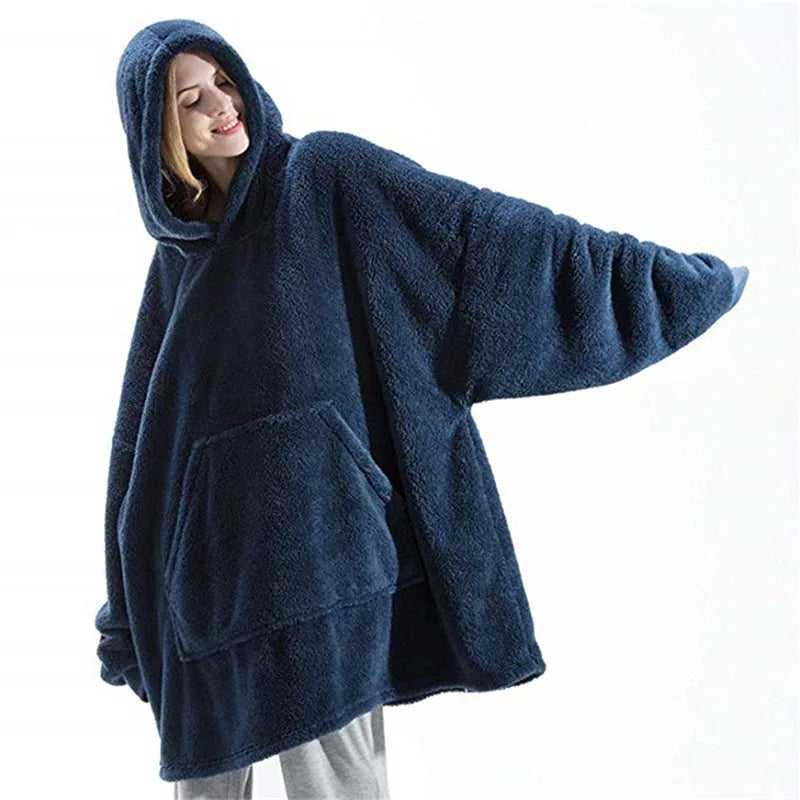 Cozy Oversized Double-Faced Fleece Hoodie Blanket with Large Pocket for Couples - Perfect Warmth for Men and Women!