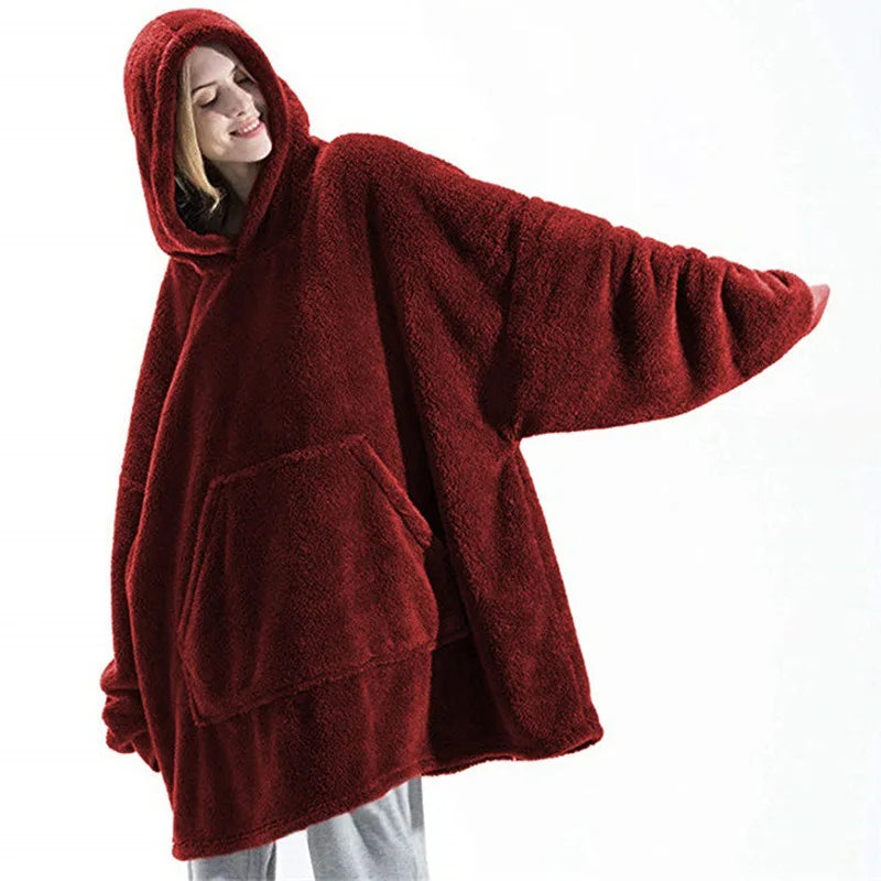Cozy Oversized Double-Faced Fleece Hoodie Blanket with Large Pocket for Couples - Perfect Warmth for Men and Women!