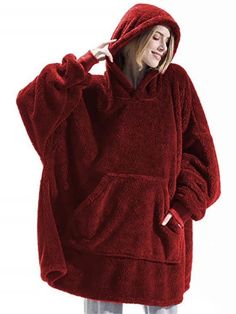 Cozy Oversized Double-Faced Fleece Hoodie Blanket with Large Pocket for Couples - Perfect Warmth for Men and Women!