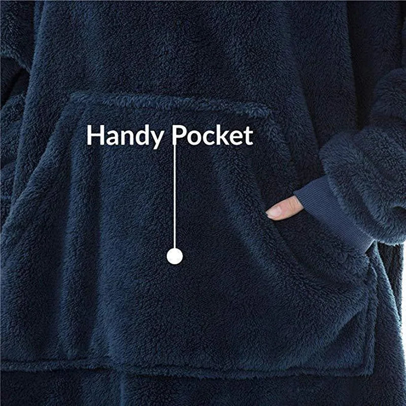 Cozy Oversized Double-Faced Fleece Hoodie Blanket with Large Pocket for Couples - Perfect Warmth for Men and Women!