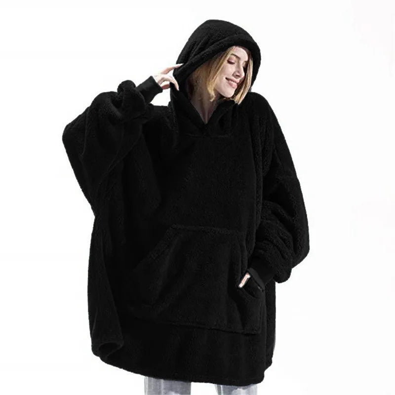 Cozy Oversized Double-Faced Fleece Hoodie Blanket with Large Pocket for Couples - Perfect Warmth for Men and Women!
